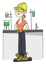 Helen Helmet, standing in front of a lab bench, wearing one of the helments that she's about to test.